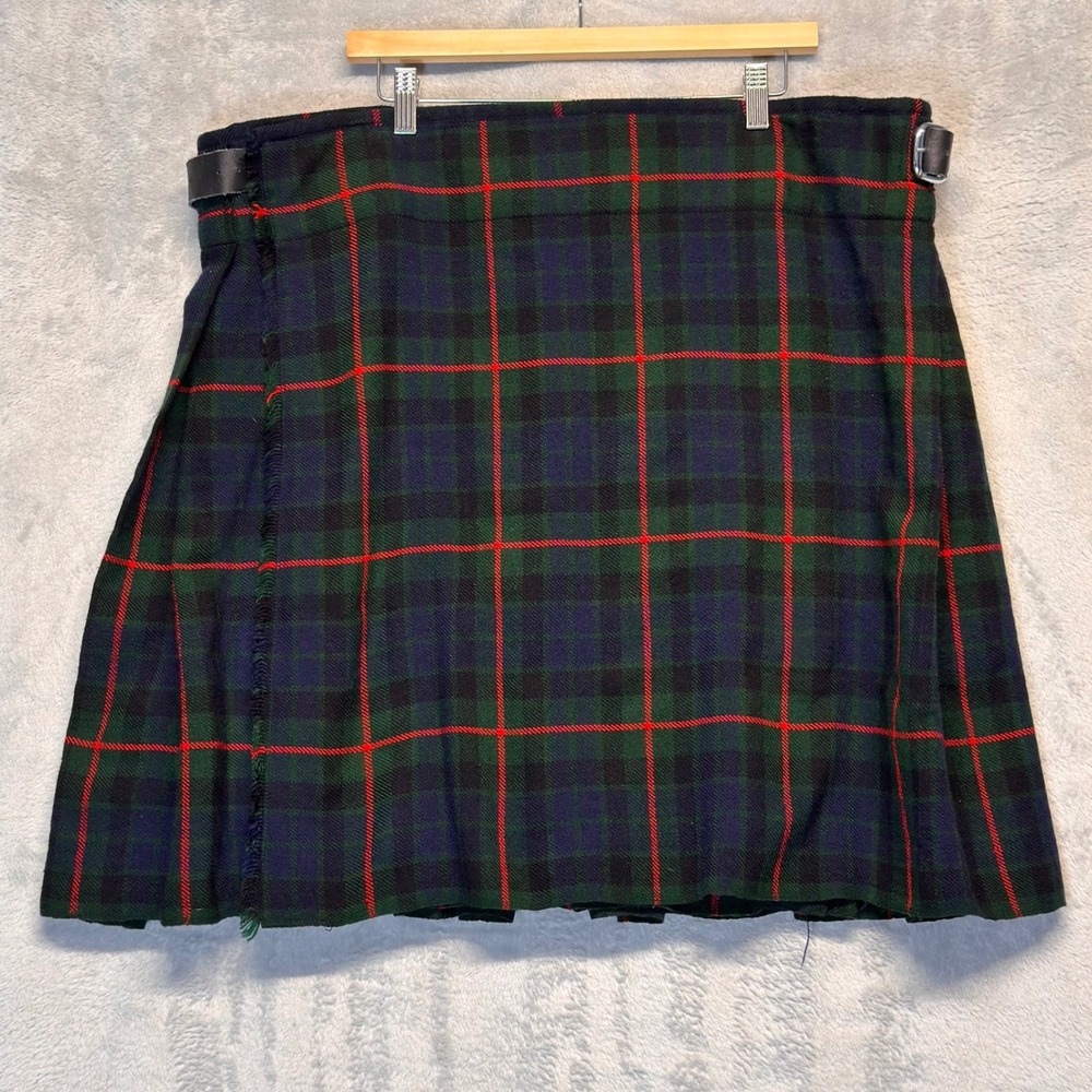 Mens Plaid Tartan Kilt Green Blue Red Acrylic Wool Scottish Highland Size 42